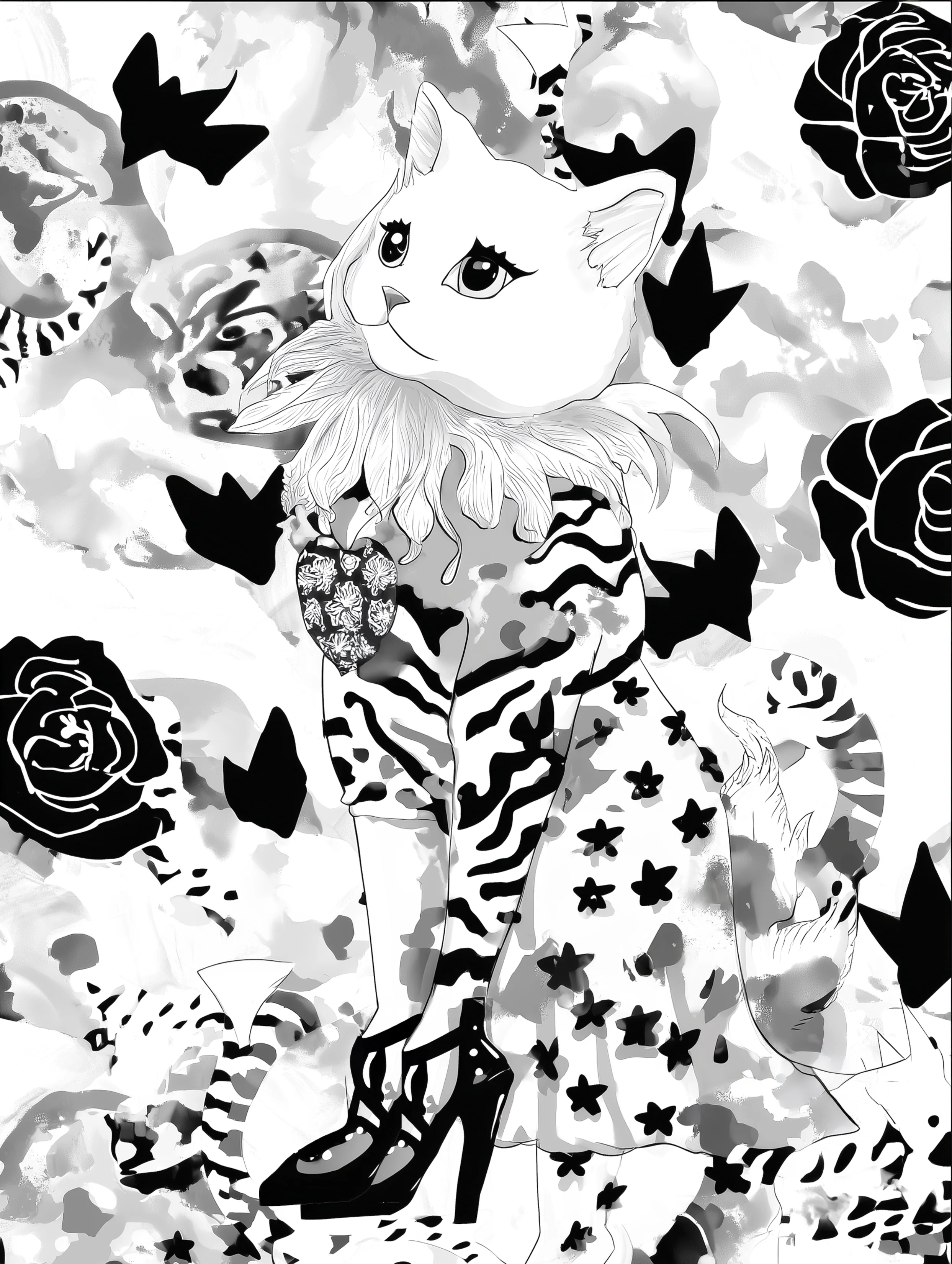 Free printable kitten coloring page featuring kitten wearing couture and heels